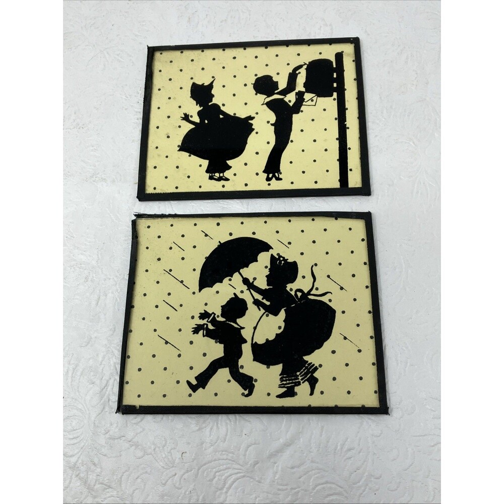 Vintage Silhouette Paintings PAIR Girl Boy Mailbox & Rain Umbrella Small Size